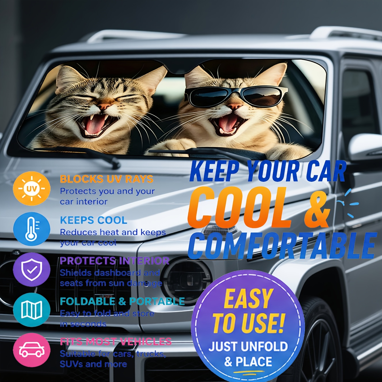TEMU Parasole per parabrezza auto 1 pz con motivo a gatto, divertente protezione solare e isolamento termico, frontale per sedile di guida, blocca
