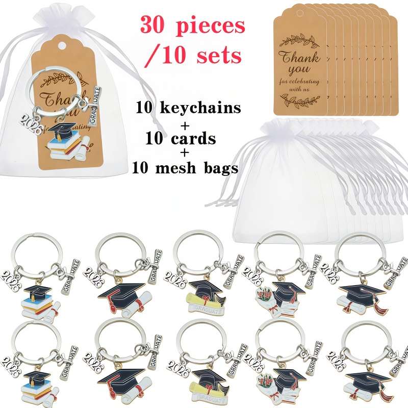 TEMU 30pcs / 10 Sets Of 2026 Graduation Keychain Kits, Featuring Hats And Id Cards - Alloy Split Ring Pendants, Durable Metal Keychains, Suitable For