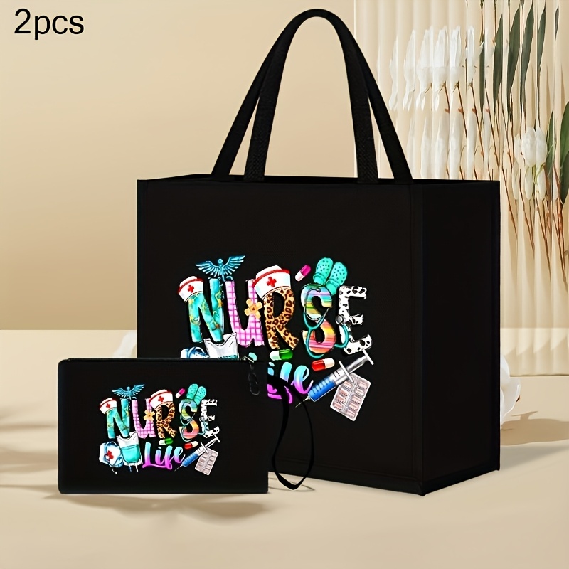 

Chic Nurse-themed 2pcs Set: Lightweight Tote & Makeup Bag - Fabric, Fashion For Women, Handbag