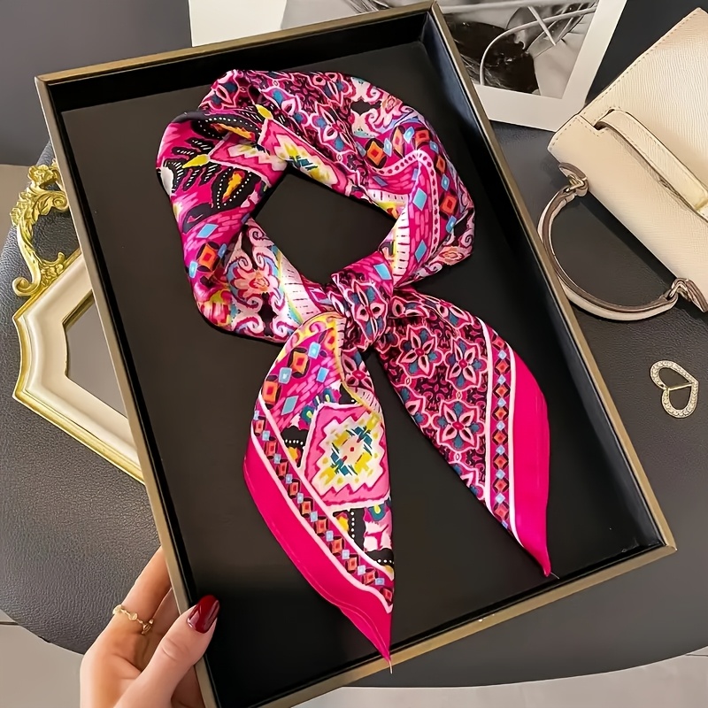 TEMU Ladies' Vibrant Geometric Print Satin Scarf - Soft, Lightweight, Headband And Neck Accessory, Fuchsia/black, Hair Wrap