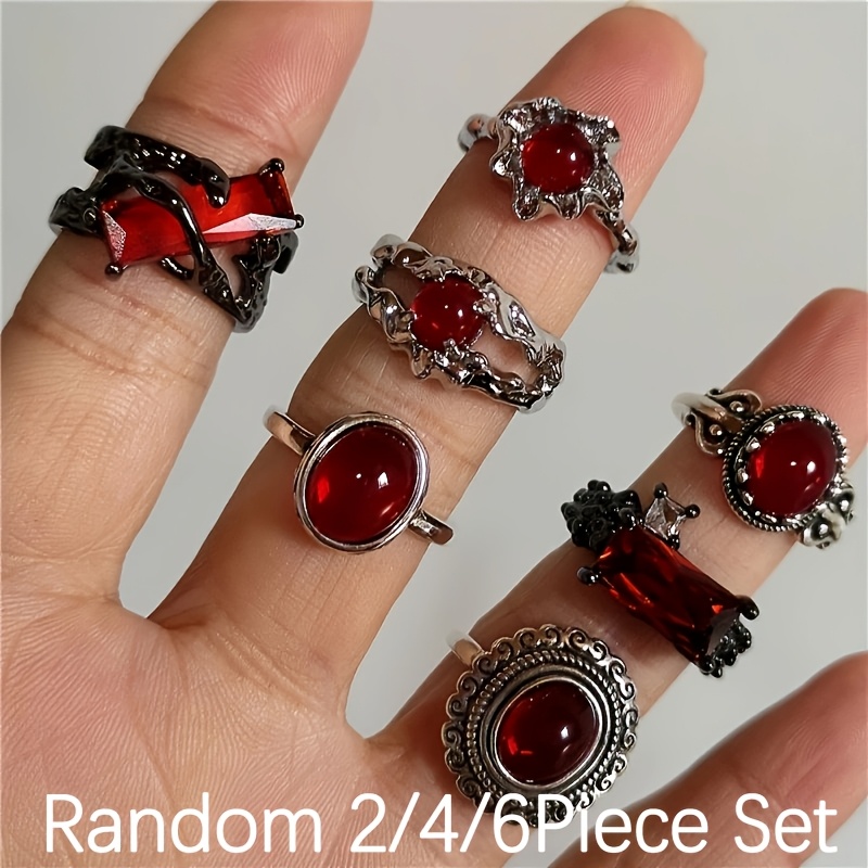 TEMU Random 2/4/6pcs Gothic Red Ring Set, Vintage Red Statement Rings, Dark Aesthetic Stackable Knuckle Rings, Ideal Halloween Party Jewelry Gift For