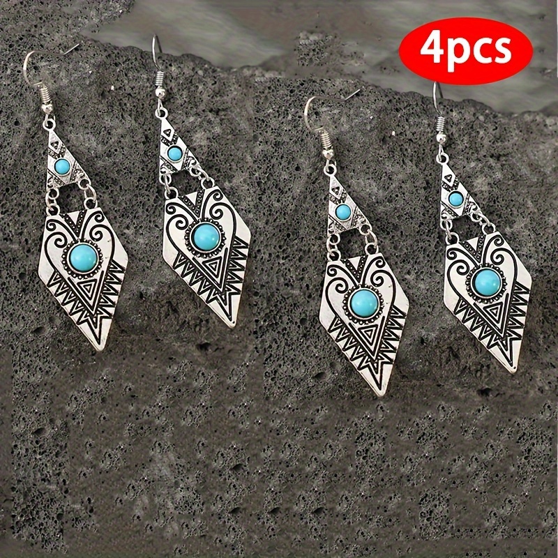 

Vintage Rhombus Shape Carved Pattern Turquoise Inlaid Dangle Earrings Retro Ethnic Style Female Gift