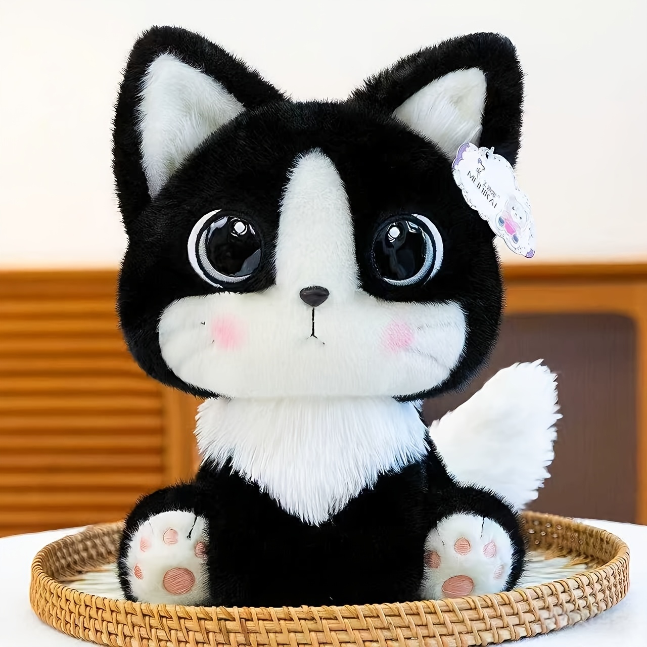 Image of 25cm/9.84in Cute Black Cat Plush Toy, White/purple Options, Big Round Eyes, Long Tail, Perfect Gift For Kids On Birthdays And Holidays Like Christmas, Ideal For Cat Lovers