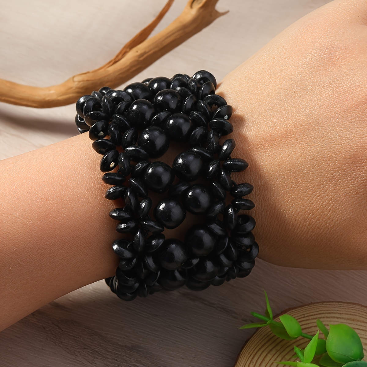Boho Handcrafted Wooden Bead Bracelet, Vintage Style