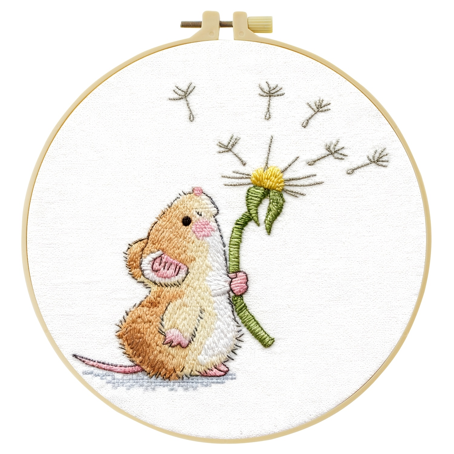 TEMU Embroidery Kit, [15x15cm/5.9x5.9 Inches] [20x20cm/7.9x7.9 Inches], A Mouse Holding A Dandelion, A Diy Embroidery Kit, Suitable For Adult