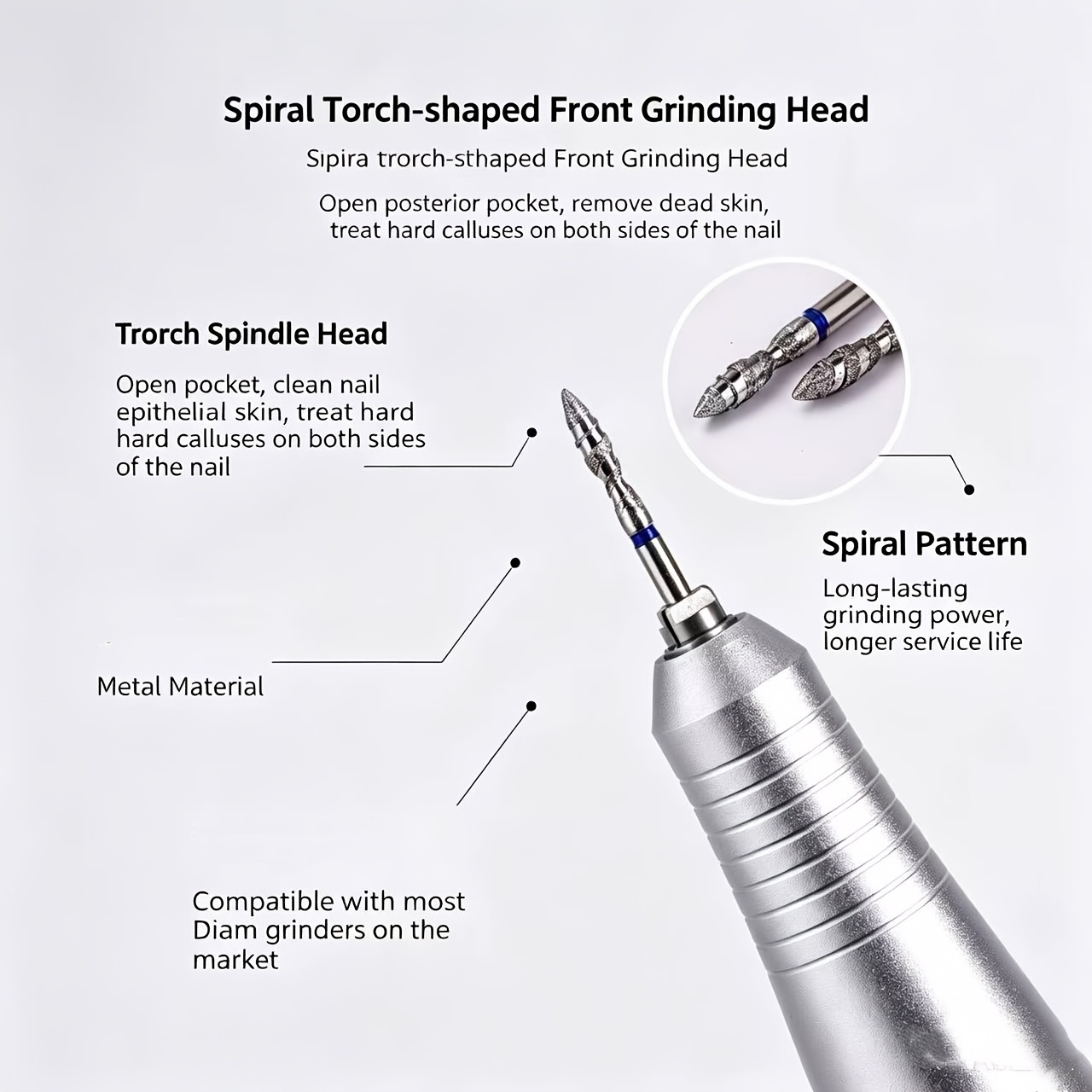Nail Art Corundum Spiral Grinding Head for Dead Skin Removal