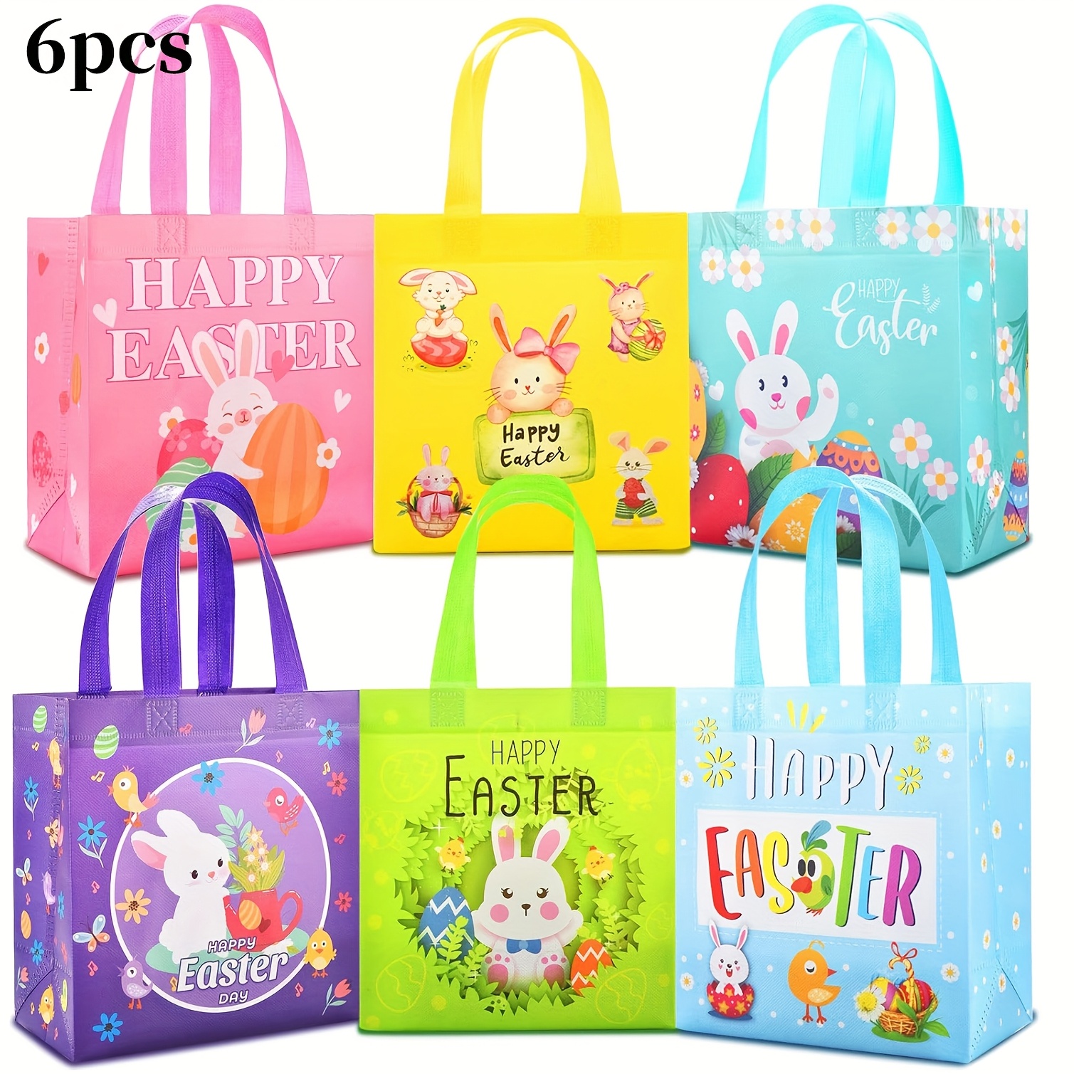 Image of 6/12pcs Easter Gift Bags With Handles, Easter Baskets, Hunt Bags, Reusable Non-woven Easter Rabbit Bunny Bag For Hunt Party Supplies Decorations, 9"×4.3"×8.6