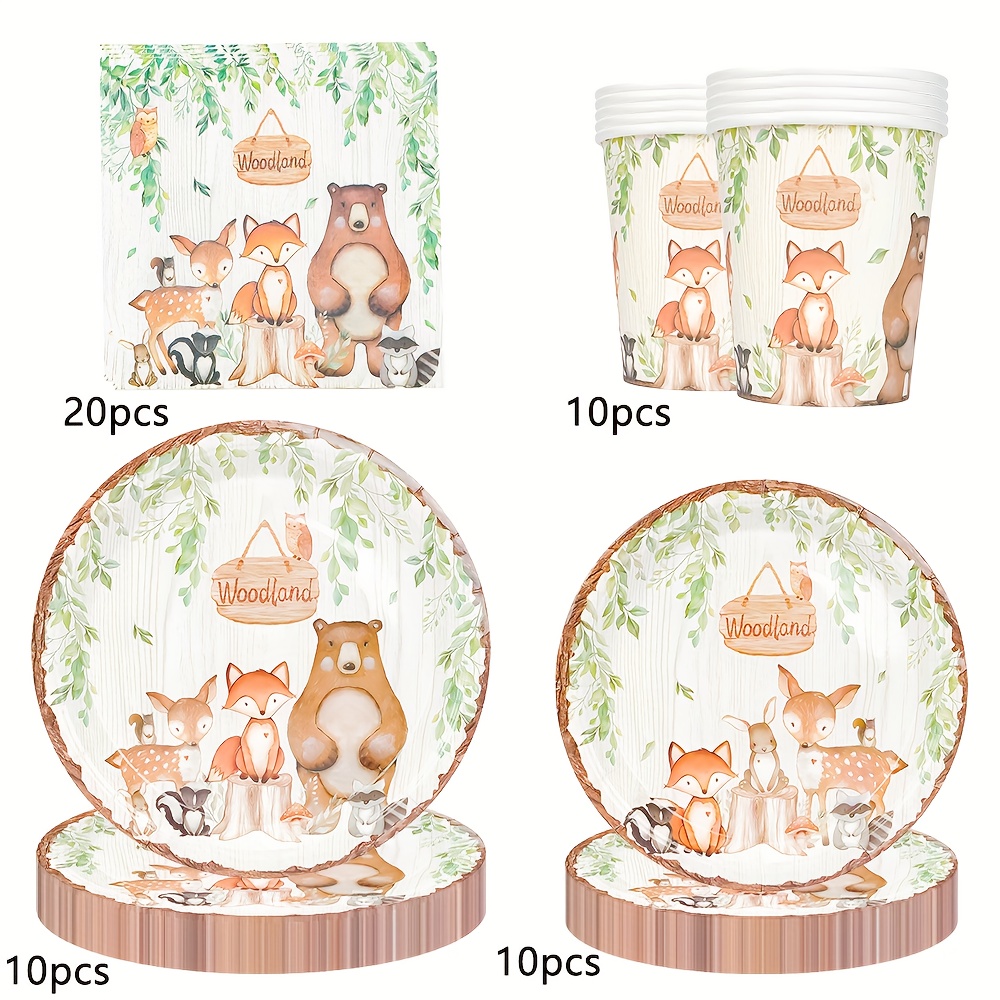 Image of 50pcs/80pcs Woodland Shower Party Supplies Party Packs Jungle Animal Party Decorations Plates And Napkins Cups Tableware Set For Woodland Creatures Birthday Party Supplies