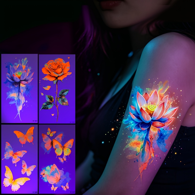 Image of 4 Sheets Glow Temporary Tattoo Stickers Suitable For - Neon Glow In Art With Waterproof & Sweatproof Flash Tattoos, Long-lasting Fluorescent Reactive For Night Parties, Festivals, Raves (no Aftercare)