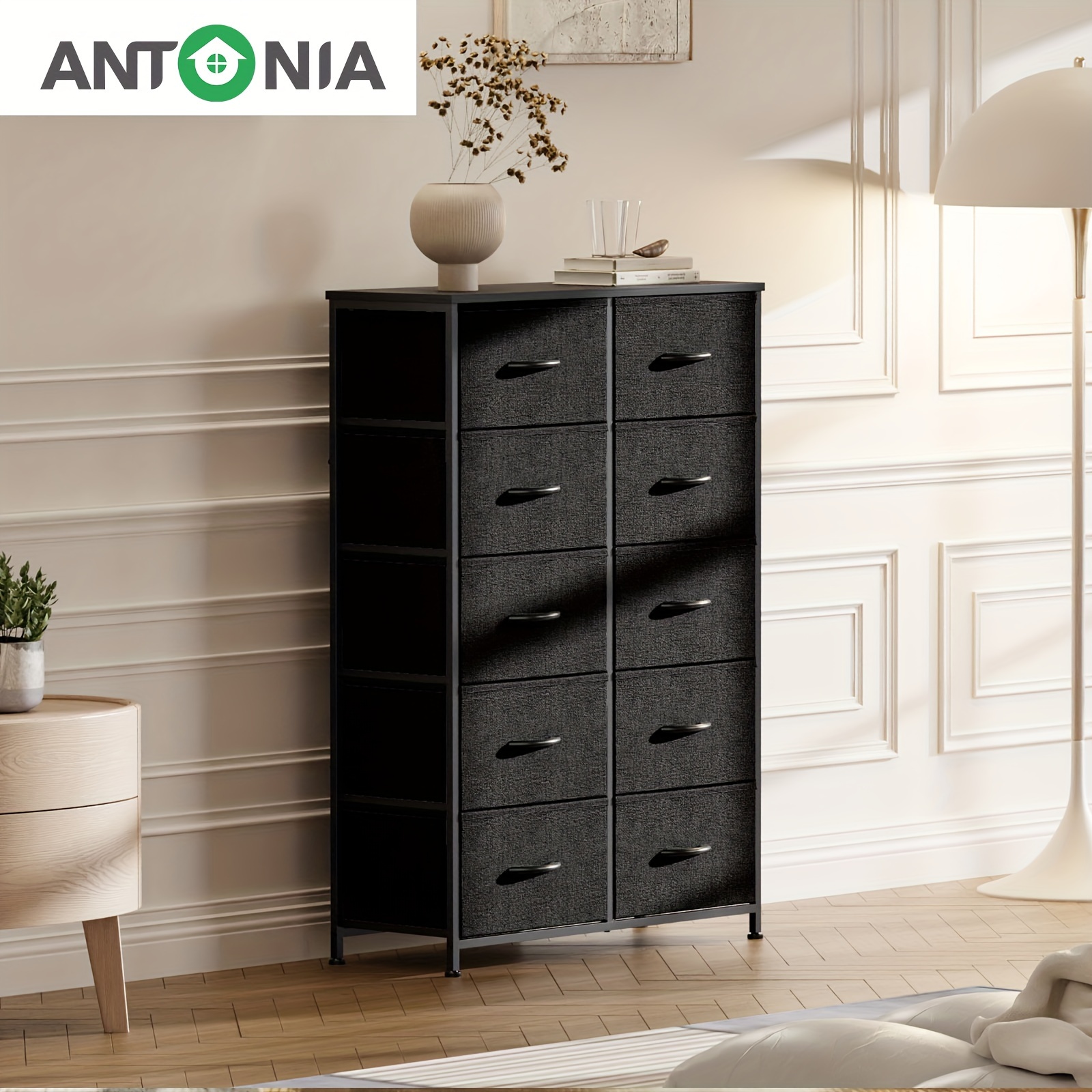 

Antonia Dresser For Bedroom Storage Tower With 10 Drawers, Chest Of Drawers With Fabric Bins, Sturdy Metal Frame, Wood Tabletop For Closet, Entryway, Black