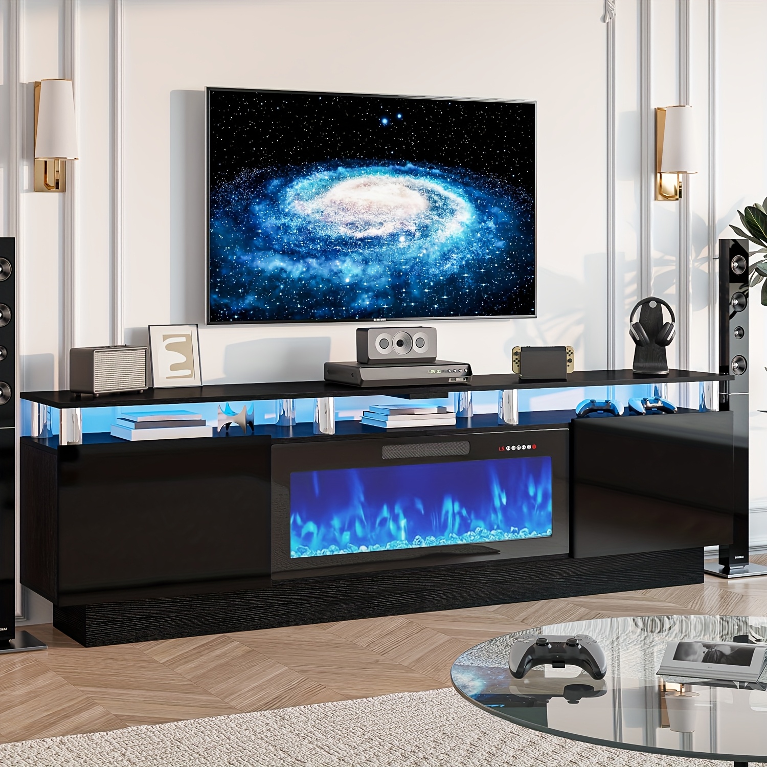 TEMU 80" Fireplace Tv Stand With 36" Fireplace, 2-tier 80" Led Entertainment Center With Fireplace For Tvs Up To 90", Modern Wood With Storage
