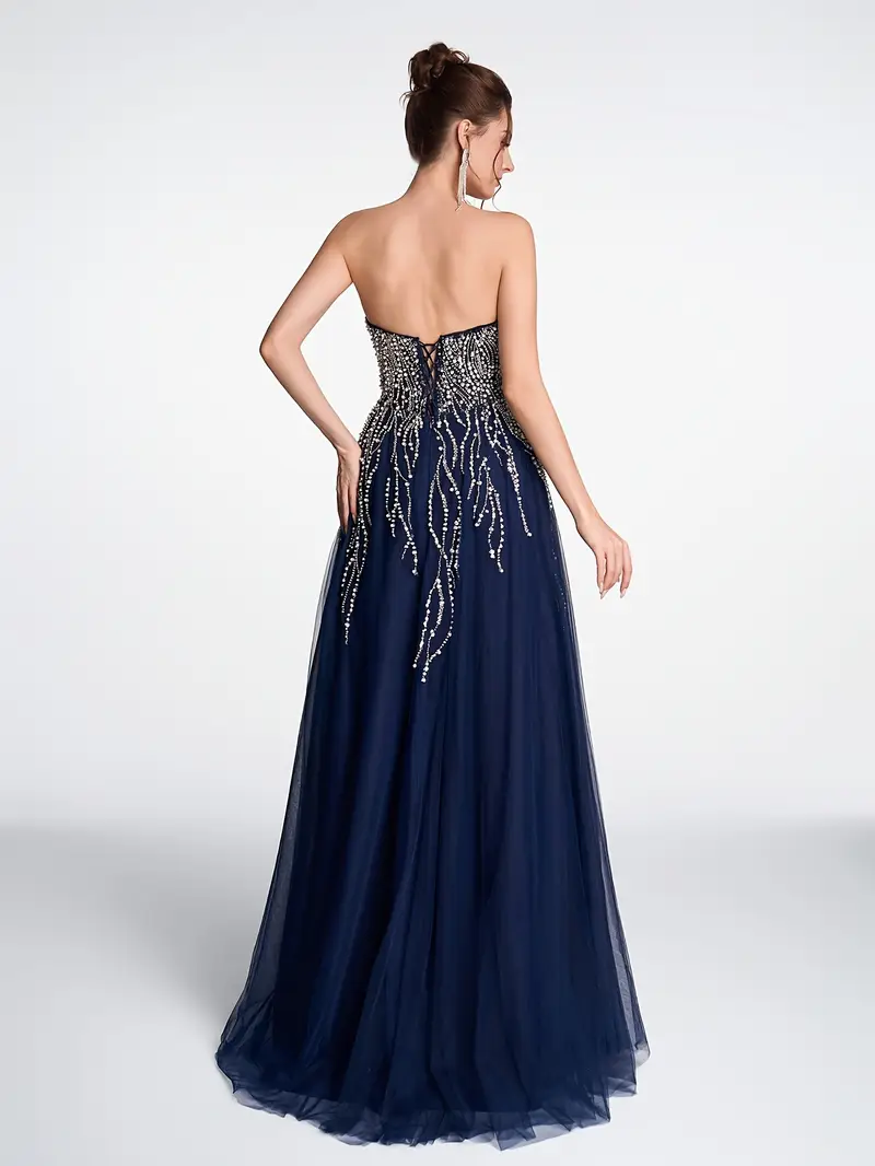 Deep Sea Fringe: Navy Blue Beaded Evening Gown | Halter Neck, Backless, Waist-Cinching, Flared Skirt Deep Sea Fringe: Navy Blue Beaded Evening Gown | Halter Neck, Backless, Waist-Cinching, Flared Skirt
