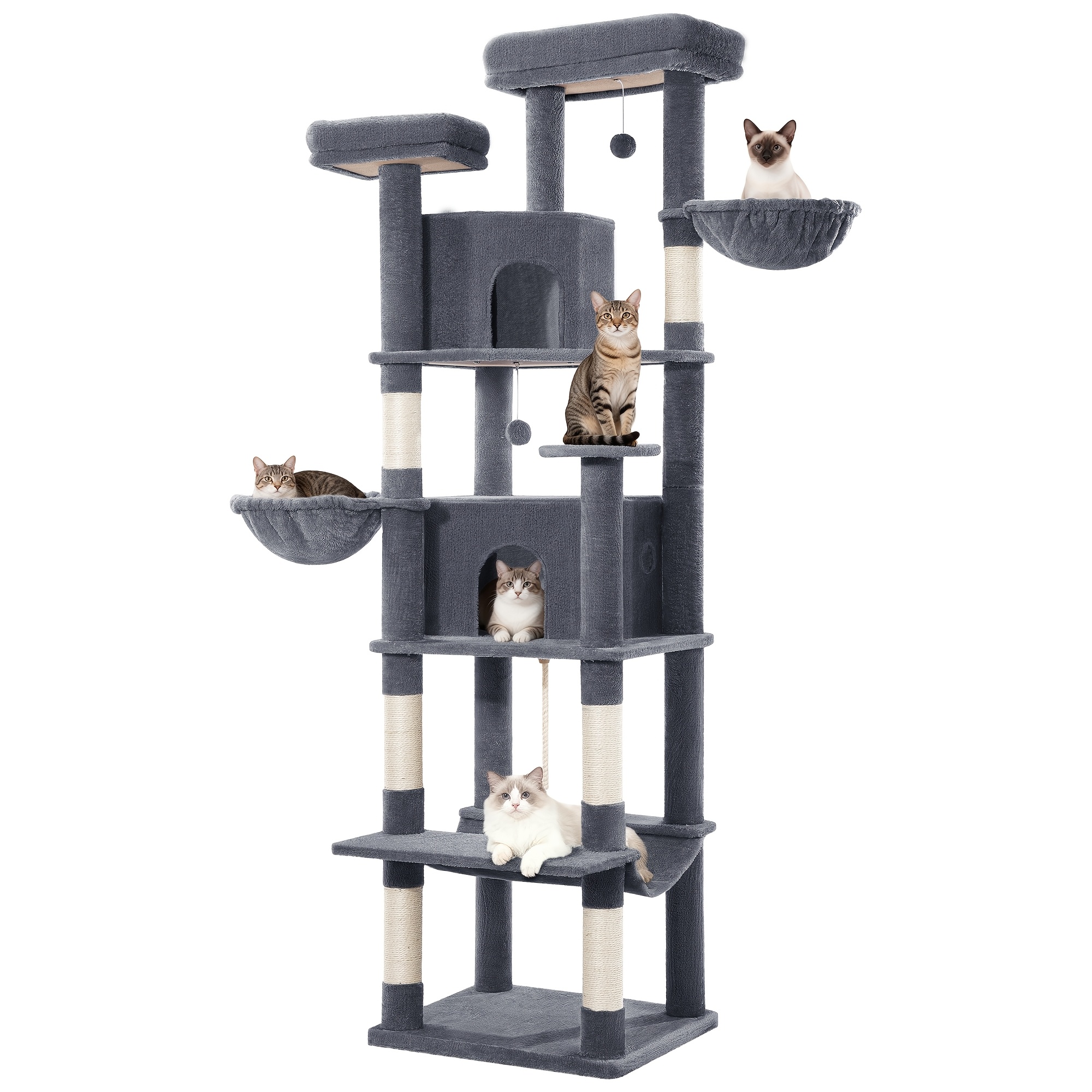 Large Cat Scratching Post, 216 Cm Cat Scratching Post, Large Cats, Stable With Scratching Posts, 2 Comfortable Cat Houses, 2 Perches, 2 Baskets, Hammock, For Indoor Use