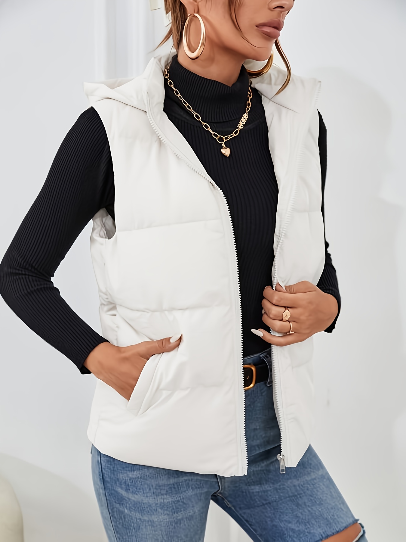 Chaleco elegante con capucha de poliéster para mujer, chaqueta acolchada  gruesa sin color liso con de cremallera, estilo