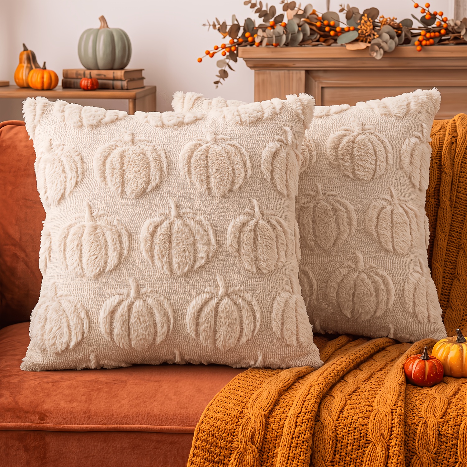 TEMU 2-pack Plush Pumpkin Pillow Covers - Soft With 3d Jacquard Texture, 18x18 12x20 20x20 Inches, Rustic Farmhouse Thanksgiving Halloween Cushion