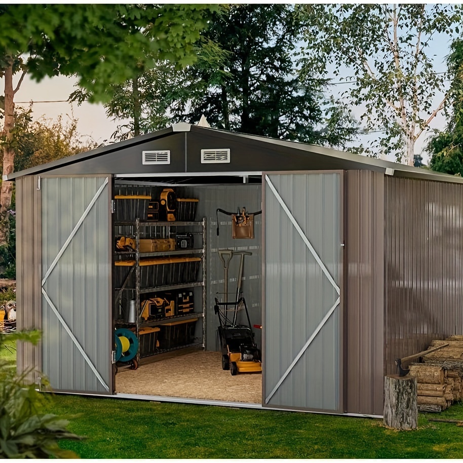 

Spacious 10ft W X 7.5ft D Outdoor Metal Shed With Ventilated & Lockable Interior - , Weather-resistant Storage For Tools, Lumber, Bikes & More - Gray