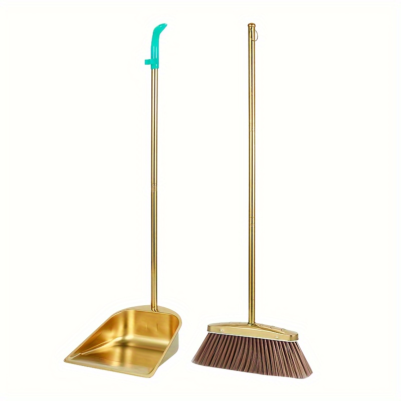 TEMU Pmmj Golden Stainless Steel Broom And Dustpan Set - Heavy-duty, Long Handle For Indoor/outdoor Use, For , Cleaning Tools, Upgrade Dustpan