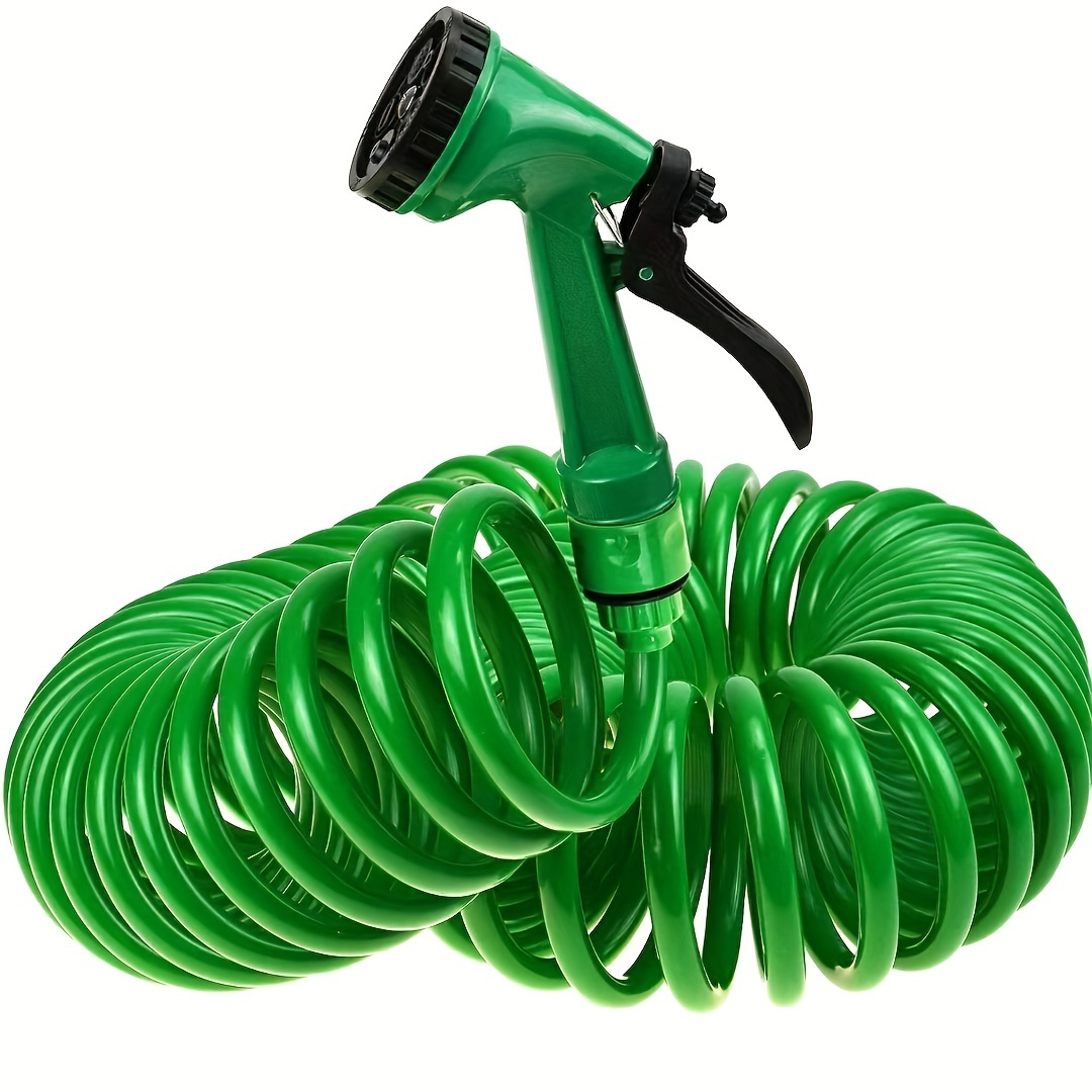 

Expandable Coil Garden Hose With Spray Nozzle - Vinyl Flexible Hosepipe, 5 Spray Patterns, Retractable Coiled Design, Universal Connector, 15ft/25ft/50ft/75ft Options