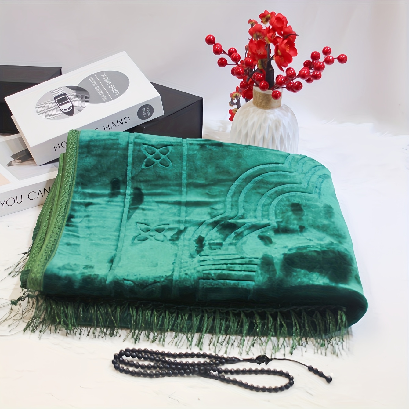 2pcs/1set Mat & Beads Ramadan Velvet Thick Arch Pattern Mat Set, Soft & Comfortable Eid