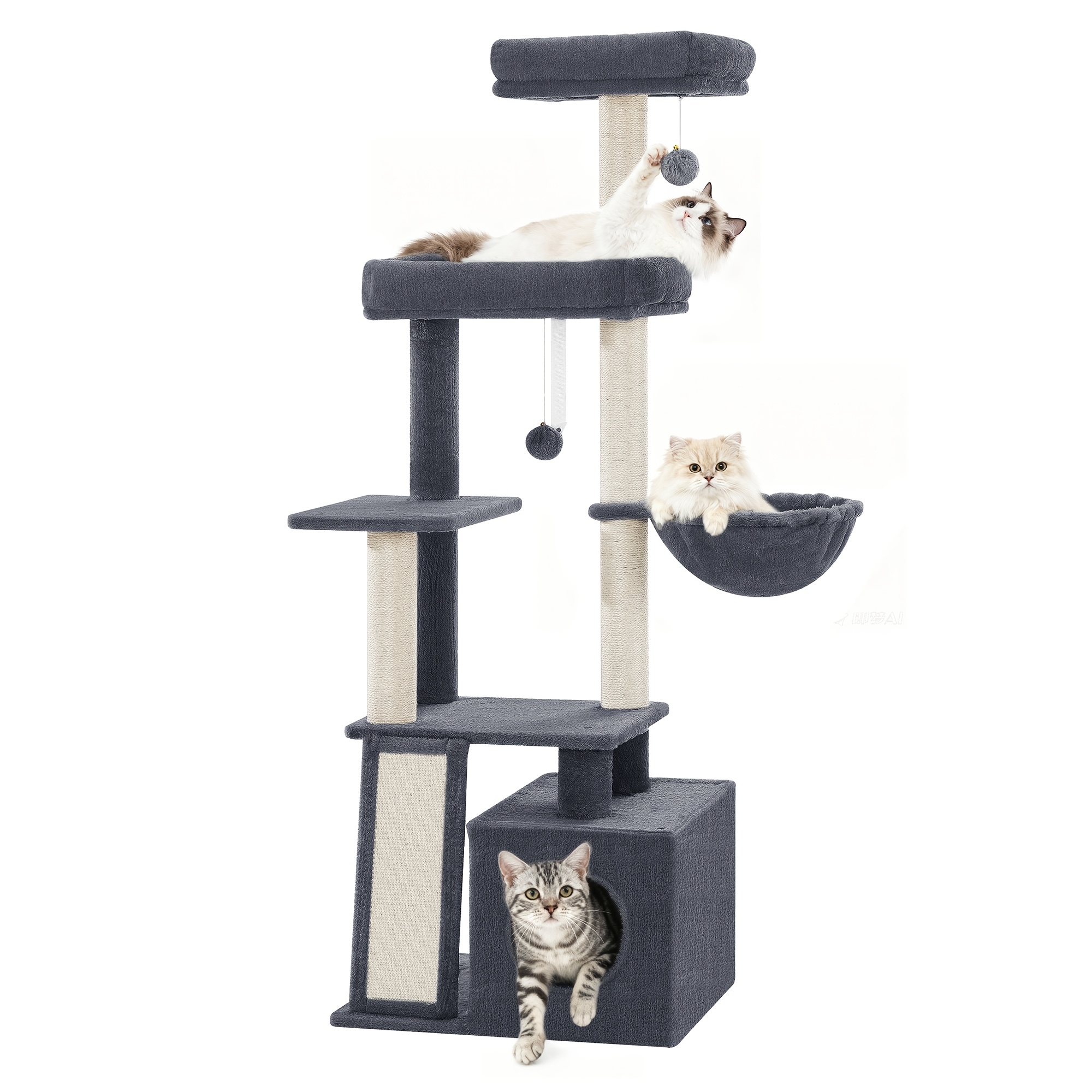 Cat Tree For Indoor Cats, 144cm Cats Tower, Multi-level Cat Scratching Post With Comfy Condo, 2 Perches, Basket, Pompoms, 4 Sisal Posts, Scratching Board, Rest , Dark Grey