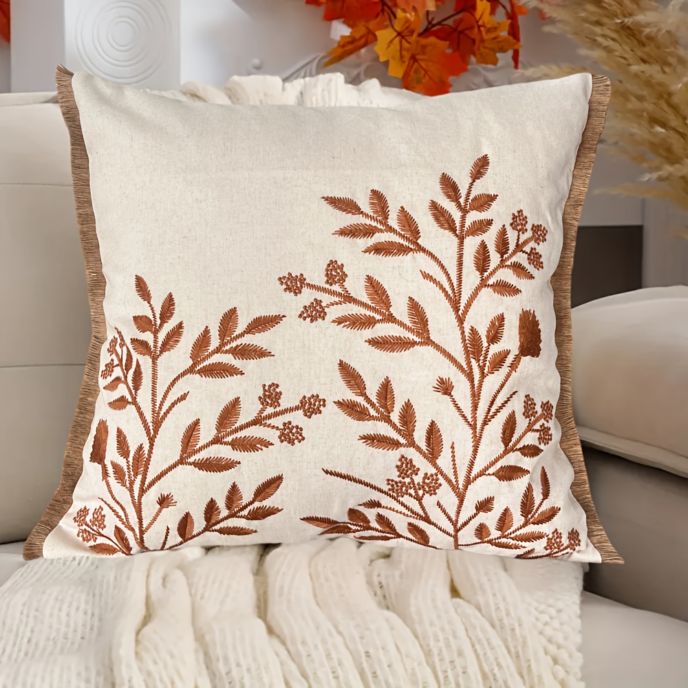 TEMU 1pc Luxury Real Embroidery Leaves Throw Pillow Cover, Vintage Nature Style Cushion Case With Jute Fringe, Elegant Botanical Decorative Pillow