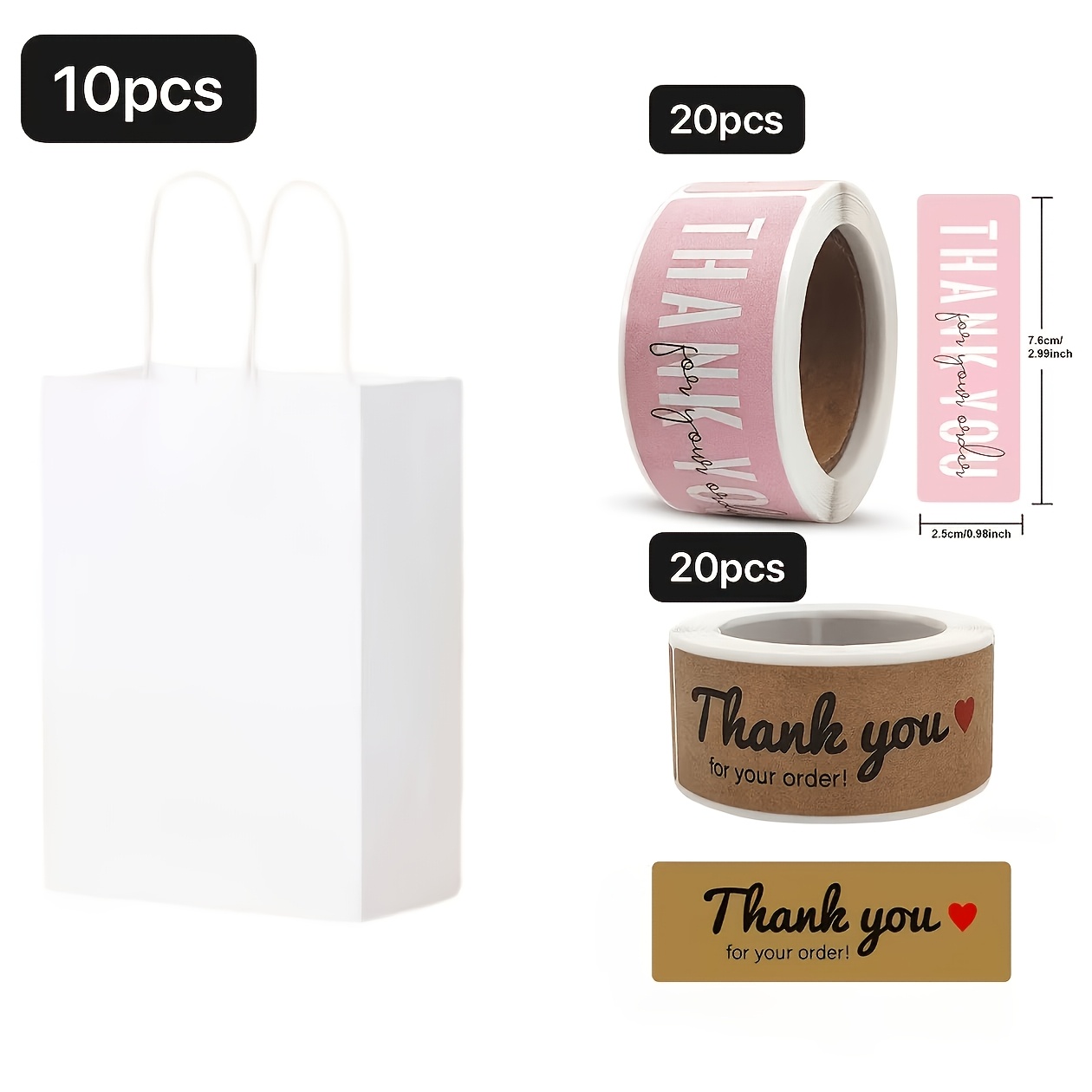 TEMU 50pcs White Paper Gift Bag Set, Including 10pcs White Gift Bags And 20pcs Pink Thank You Stickers And 20pcs Brown Thank You Stickers, Thickened
