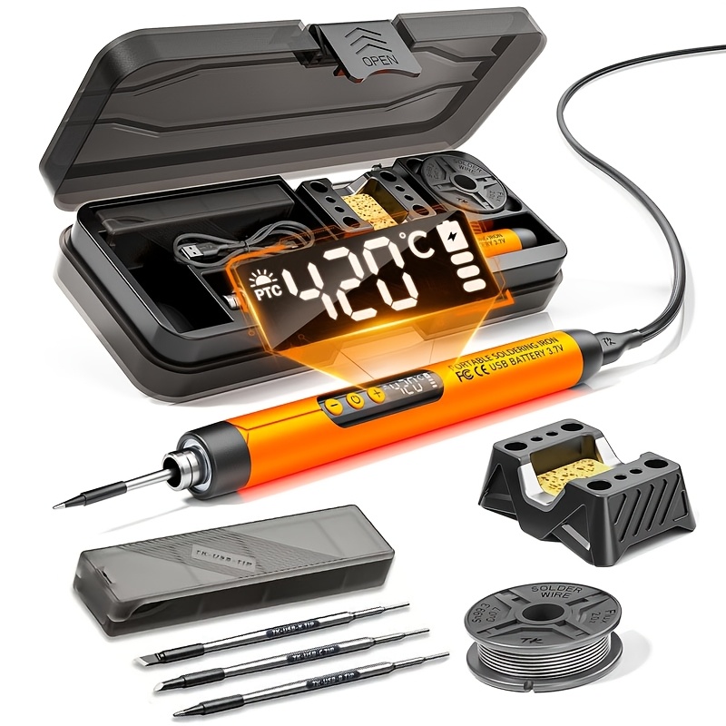 TEMU Lcd Display Portable Mini Usb Soldering Tool, 3-speed Temperature Adjustment, With 3 Soldering Tips, Solder Wire, Desoldering Pump, Storage Box