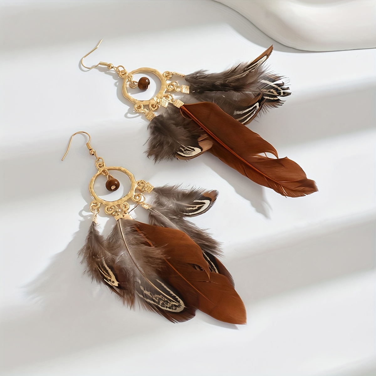 Vintage Bohemian Feather Tassel Earrings Golden Hoop Details