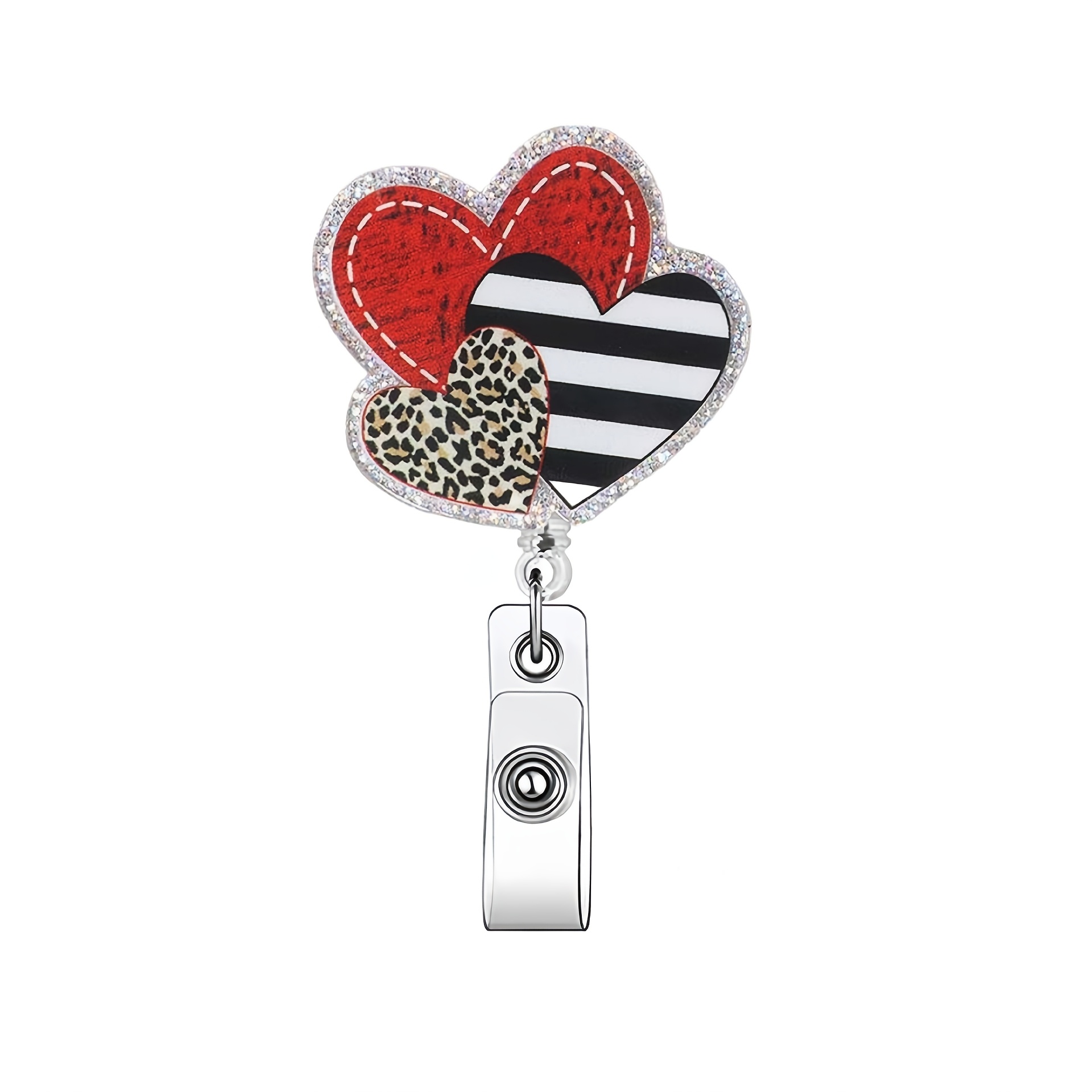 

Valentine's Day Glittery Retractable Badge Reel - Acrylic Nurse & Professional Id Holder With Alligator Clip, Heart-shaped Design For Name Tags