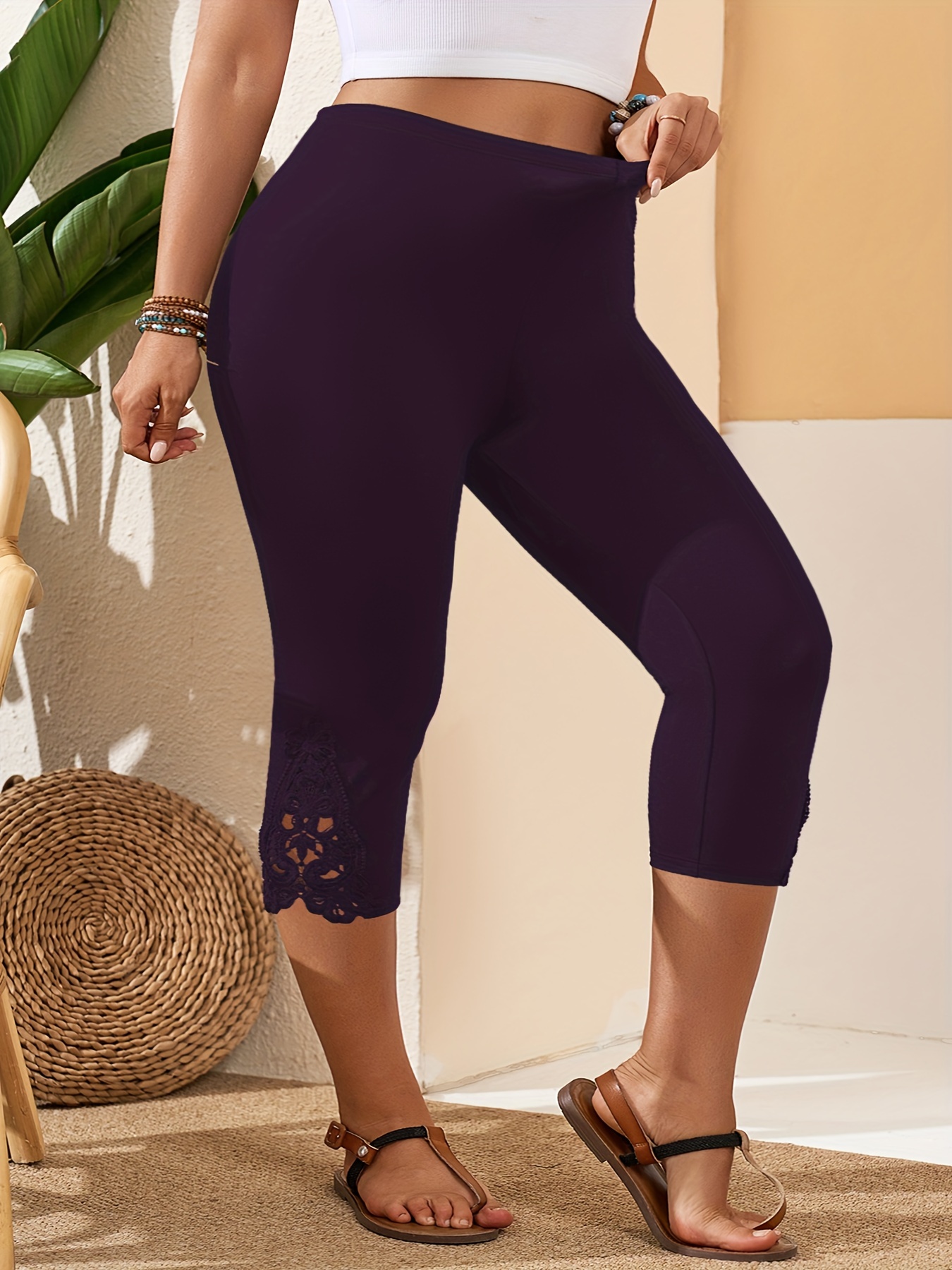 Plus Size Women's High-Waisted Stretchy Capri Pants - Solid Color Slim Fit with Lace Trim Hem, Elastic Waistband for Yoga, Workouts & Casual Wear - Machine Washable All-Season Versatile, Workout Trousers | Floral Trim Pants | Opaque Fabric, Workout Leggings