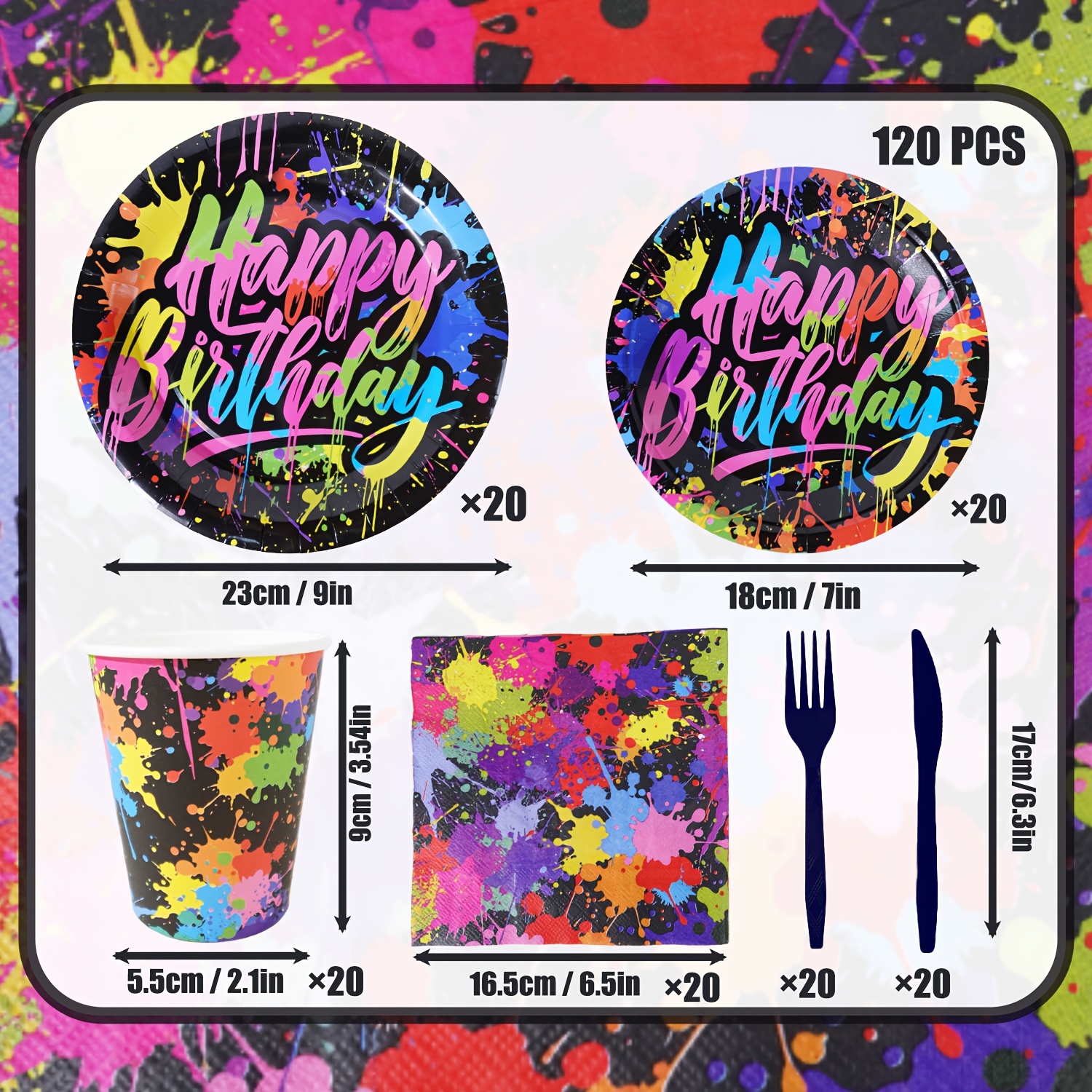 TEMU 120pcs Neon Splatter Birthday Party Supplies Set, Glow Drip Design Disposable Plates, Napkins, Cups, Black Forks, Knives, Tableware For Glow