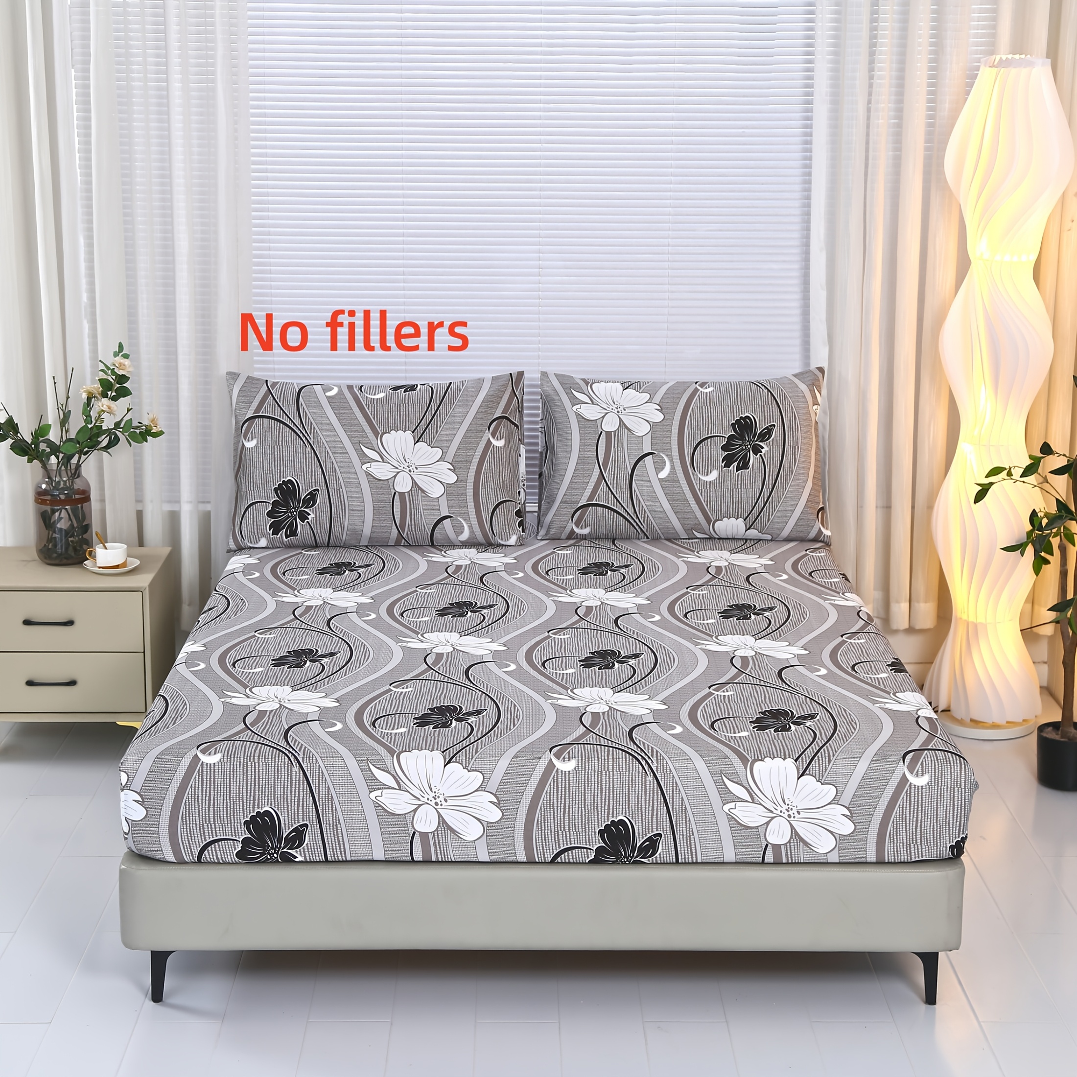 Image of 3pcs Printed Fitted Sheet Set: 1 Fitted Sheet + 2 Pillowcases (pillow Inserts Not Included, Pillowcases Are ). -pocket With Floral Pattern. High-end Bedding, Made Of Soft, Skin-friendly