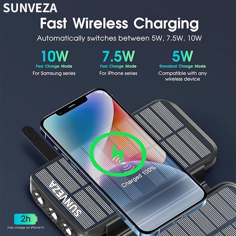 

Sunveza Solar Charger Power Bank, Portable Charger, 43800mah Qc3.0 Fast Charger Qi 10w Wireless Charging Built-in 2 Kinds Output Cable And 680lumen Bright Flashlights-