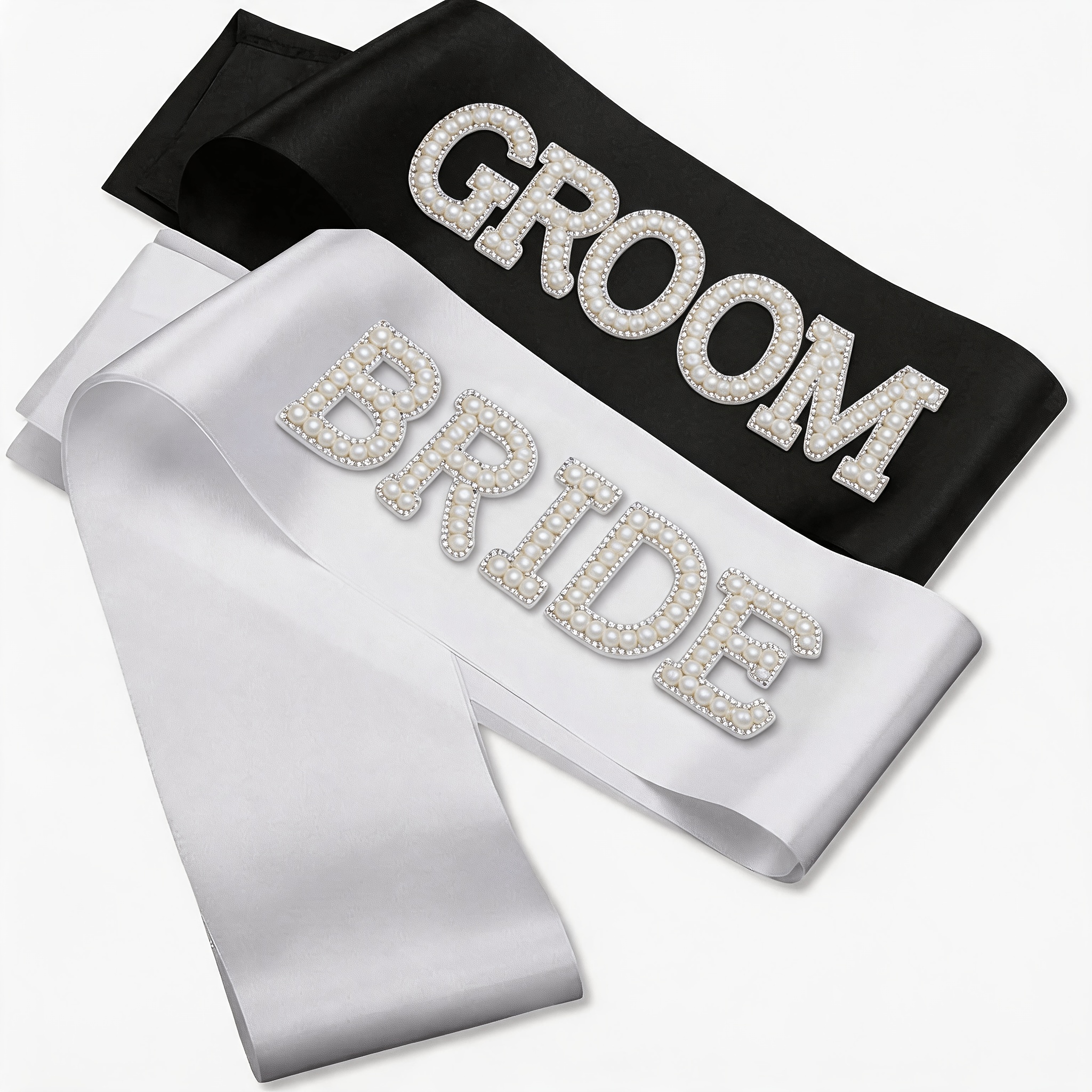 TEMU 2pcs Set Pearl Bride And Groom Sashes - Sash And Black Groom Sash Suitable For Bachelorette Parties, Girls' Parties, Weddings, Bridal Showers,