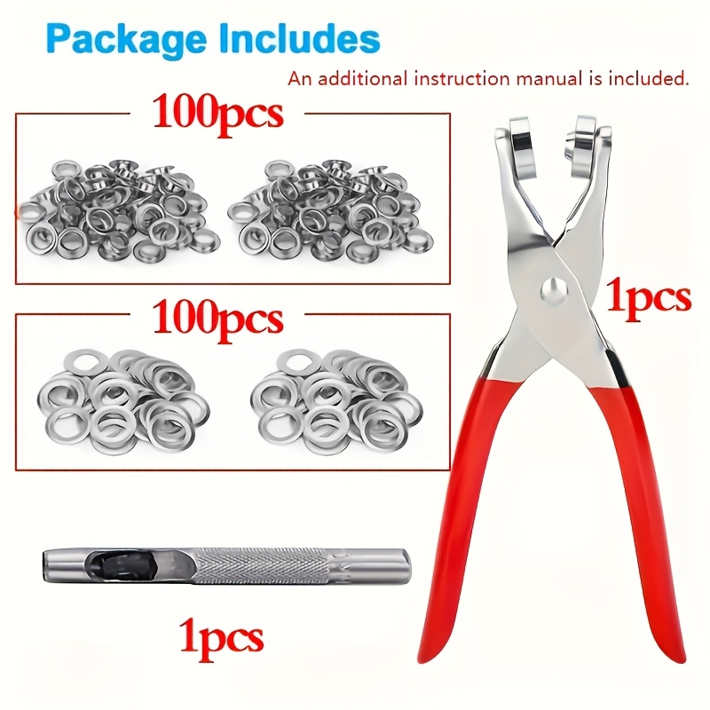 TEMU 202pcs Heavy-duty Eyelet Rivet Tool Set, 6mm/0.24-inch Hole Diameter Portable Home Eyelet Rivet Kit, Includes 100 Eyelets, 100 Washers, 1 Metal