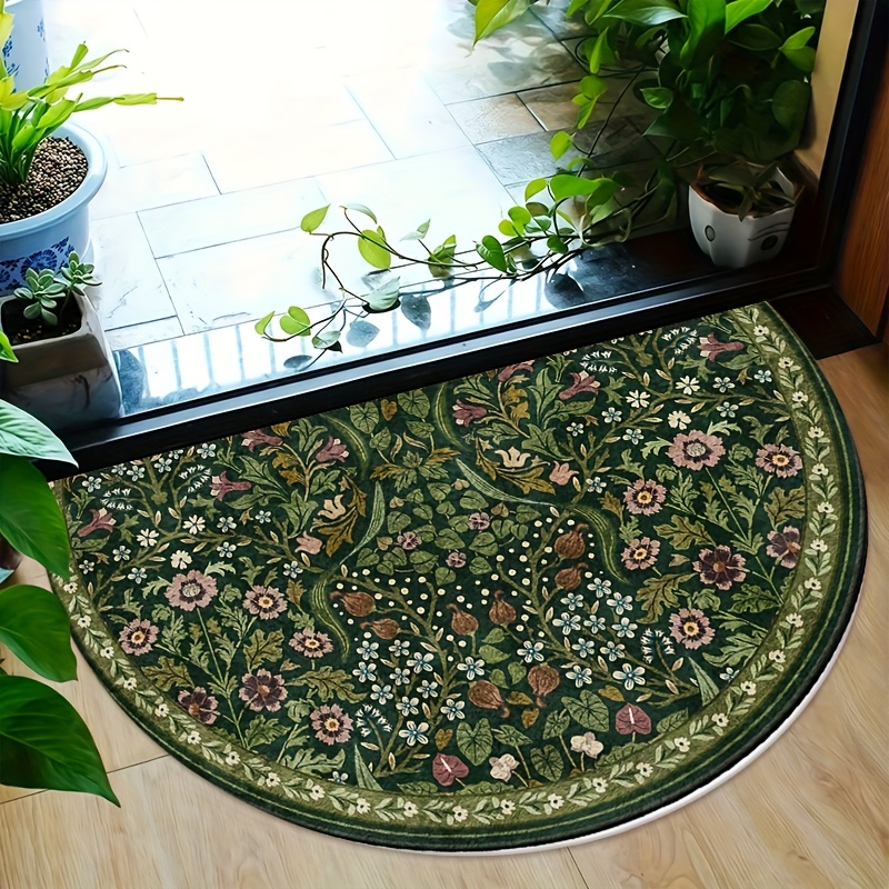 TEMU 1pc Bohemian Green Floral Print Semicircular , Soft, Non-slip, Machine Washable, Polyester. Features A Polypropylene Backing, Semicircular
