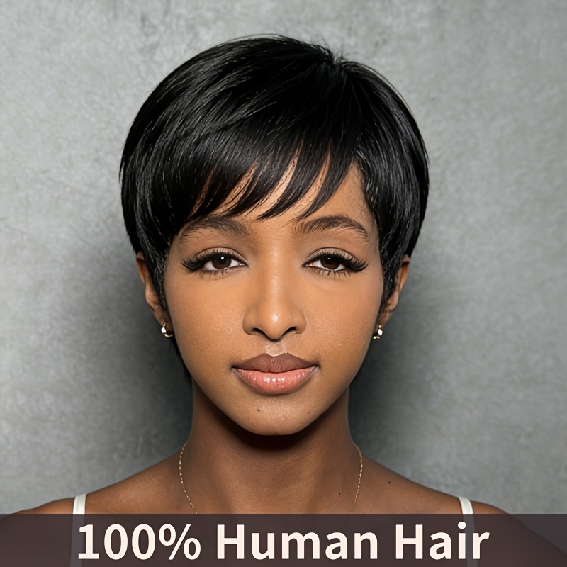Image of Brazilian Human Hair Wig Suitable For Women - Short Cut Straight Hair Wig With 150% Density, Machine-made Hairpiece For Bald, Scalp & Hair Loss, Elastic For