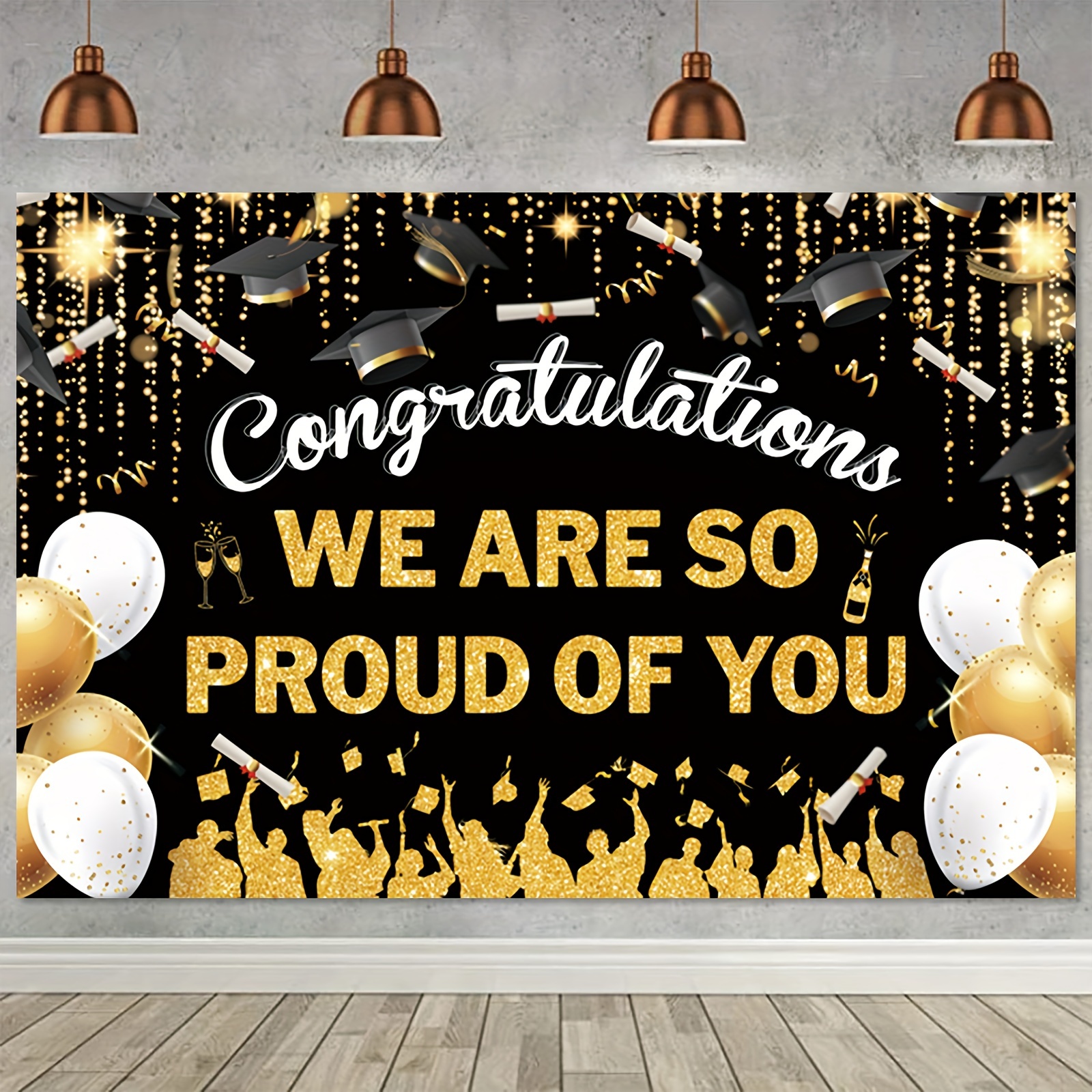 

Graduation Celebration Backdrop 5x3ft - & Golden , Vinyl Party Banner For Grad Prom Decor