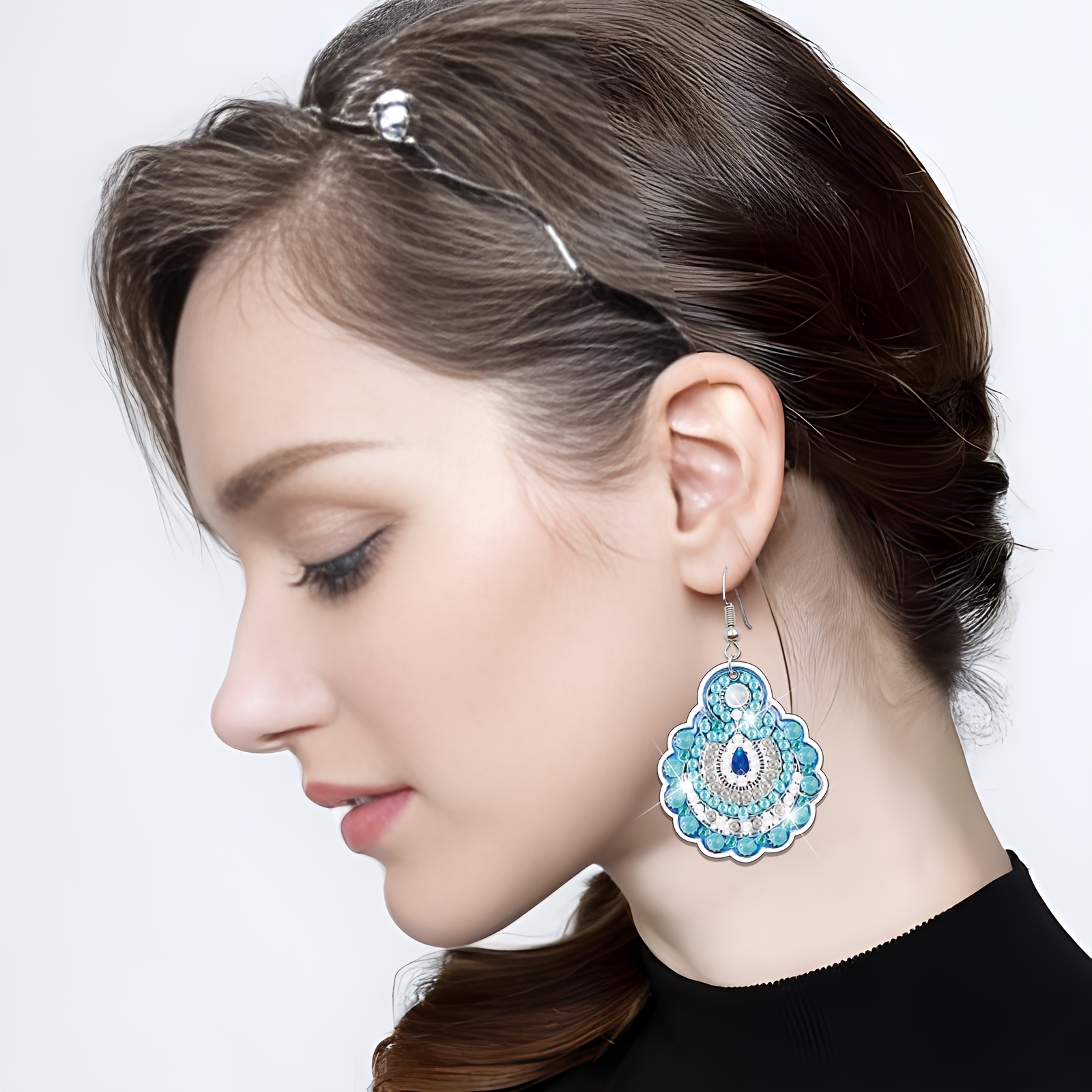 12pcs 2D Flat Printing Diamond Art Earring Set, Fashionable DIY Kit