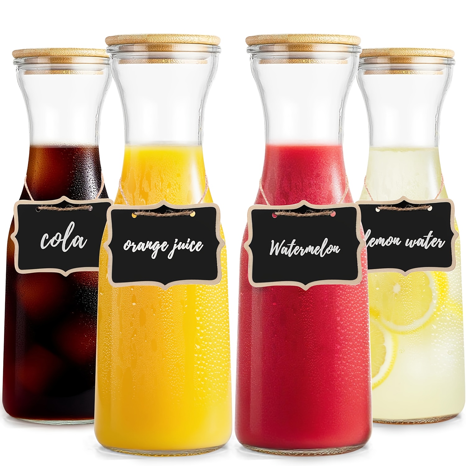 Image of 4pcs Beverage Dispenser With Bamboo Lid, /1000ml Thickened Glass Jug Drink Dispenser, Cold Water Jug, Suitable For Milk, Juice, Coffee, Tea, Useful In Kitchen And Outdoor, Commercial Use