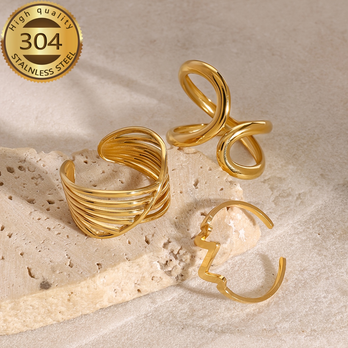 Stainless Steel Golden Plated Multi-Layer Open Ring