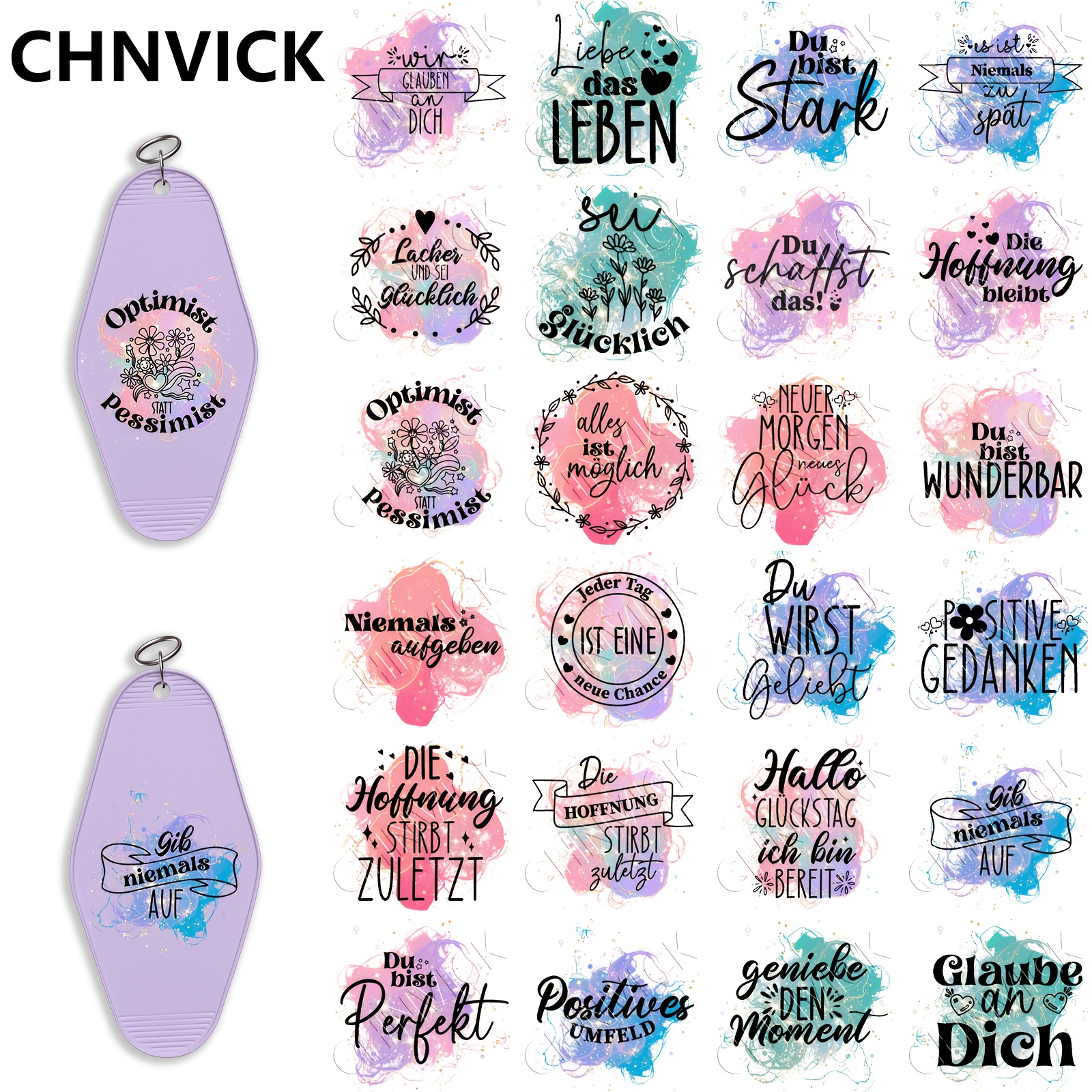 TEMU 48pcs CHNVICK UV DTF Keychain - German Inspiration Quotes (e.g., " Experience Makes Perfect") - Pastel Purple/Blue/Pink/Teal/ - High- No-Bubble