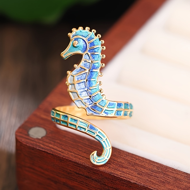 

Boho Vacation Inspired Seahorse Ring In Enamel Stainless Steel - Versatile Statement Jewelry For Daily Wear And Parties