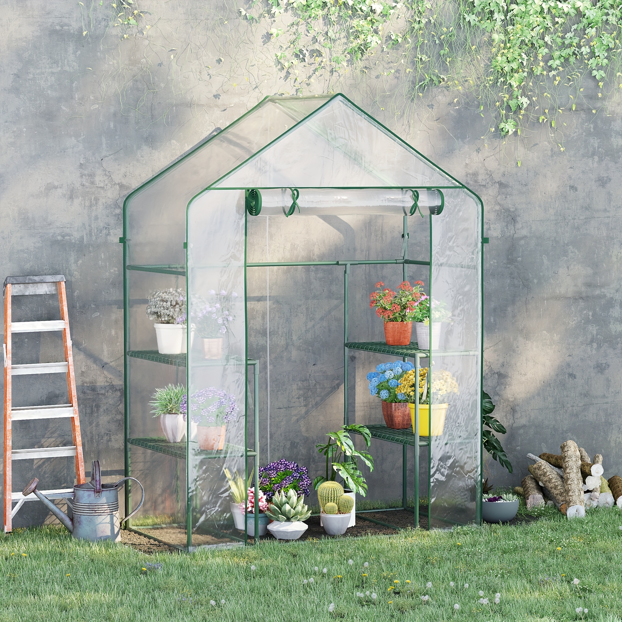 

Outsunny 5' X 2.5' X 6.5' -in Greenhouse Kit, Portable With 3 Tier Shleves, Roll-up Door, And Plastic Cover For Backyard Garden, Clear