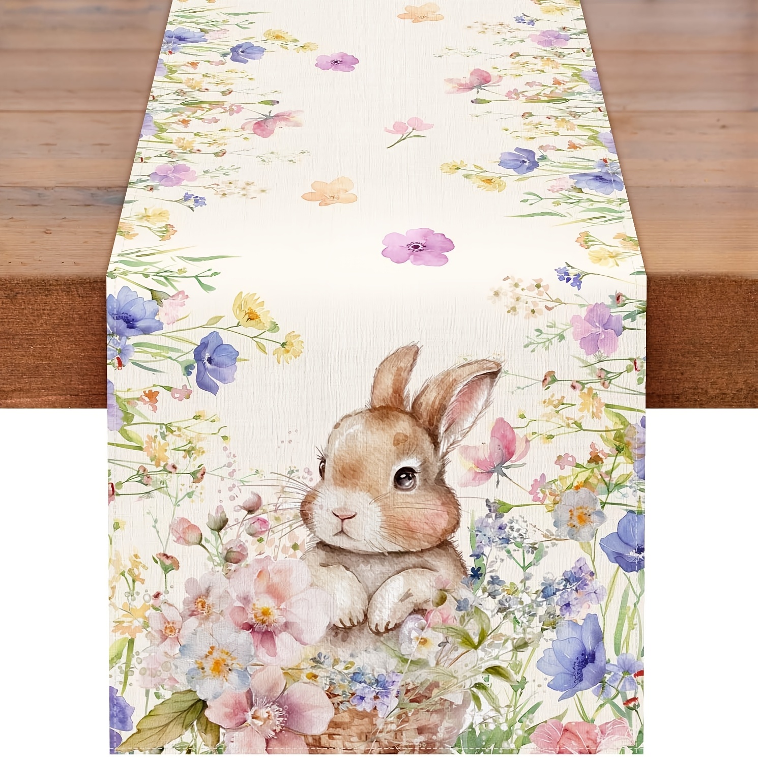 

Easter Bunny Floral Linen Table Runner - Spring Holiday Farmhouse Decor, Rectangular Weave, Home Indoor Decoration, In Sizes 13x48, 13x72, 13x108 Inches