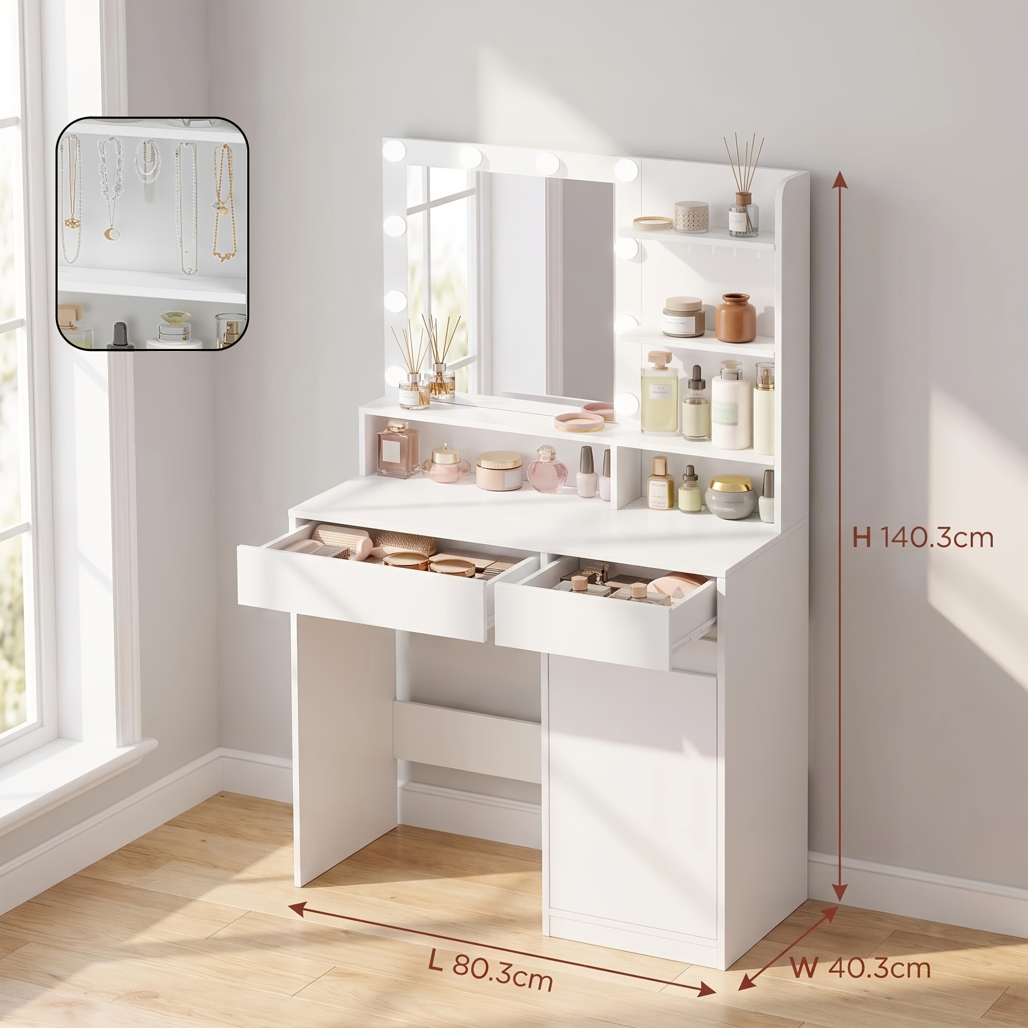 TEMU Coiffeuse multifonctionnelle avec lumière et , table de Cosmétique de grande , armoire de coiffure pour chambre à coucher, blanc