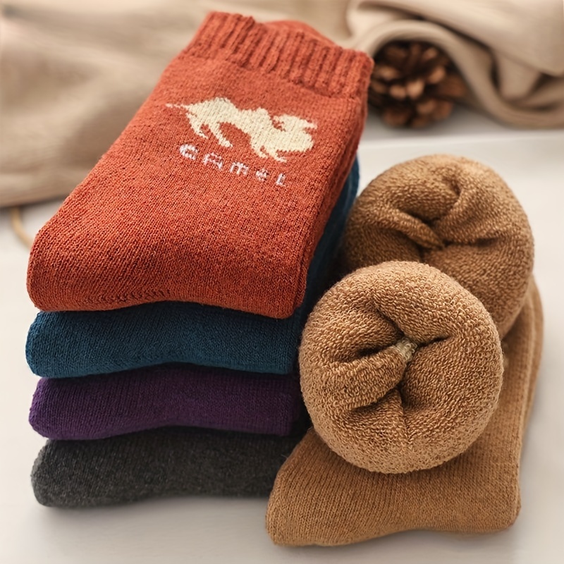 

5 Pairs Camel Pattern Terry Socks, Thick Warm Mid Tube Socks For Fall & Winter, Women's Stockings & Hosiery