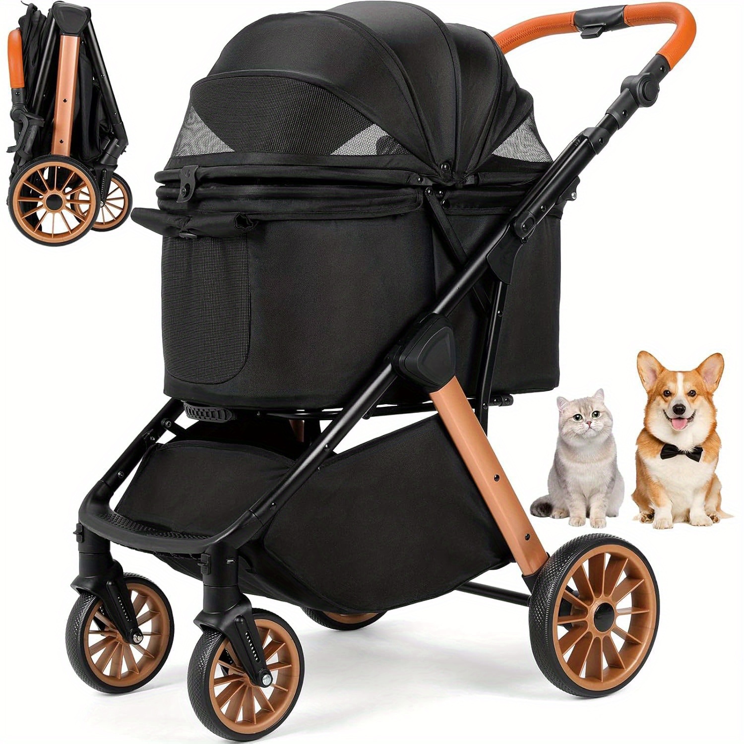 Foldable Cat Stroller, Foldable Dog Buggy, Dog Stroller Up To 25 Kg, Height Adjustable Handle, Cup Holder, 4pcs 360° Rubber Wheels, For Small Dogs Cats