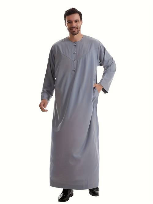 muslim mens round neck long sleeve hand pleated button up ramadan solid color robe
