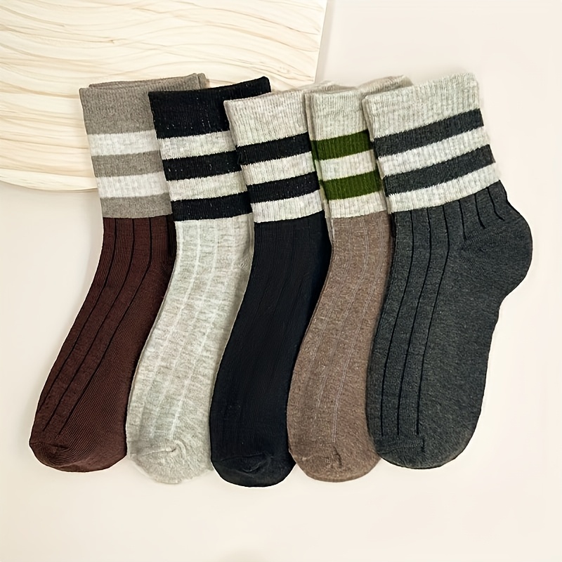 TEMU 5 Pairs Autumn Winter, Women's Warm Thick Striped Long Socks, -resistant Socks